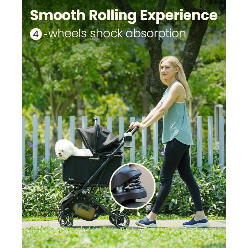 4 Wheels Pet Stroller, Dog Stroller for Small/Medium Dogs and Cats up to 33 lbs, One-Click Fold & Draggable, Removable Carrier, Zipperless Entry, Mesh Windows, Black