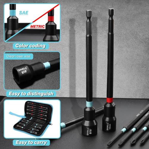 SHALL 20PCS Magnetic Nut Driver Set, 6” Long Nut Drivers for Impact Drill, SAE & Metric 1/4” Hex Shank Nut Driver Bit & Impact Drill Driver Bit w/Power Screwdriver Bits PH1/PH2/SQ2/T20, Storage Bag