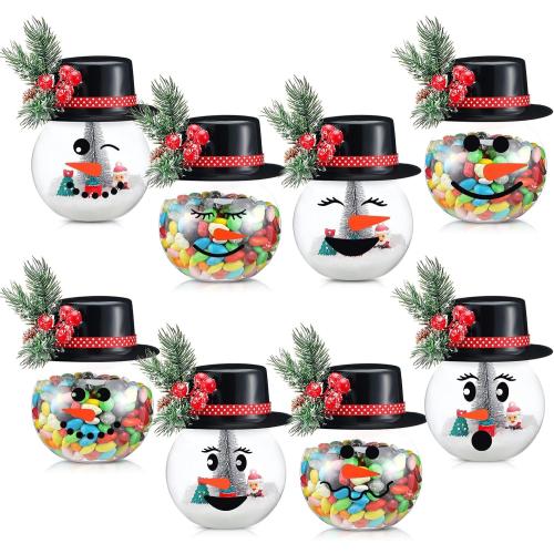 Set of 8 Christmas Candy Jars Snowman Cookie Jar with Lids for Party Favors Clear Plastic Xmas Jars Storage with Pine Snowman Stickers Ribbon for Xmas Party Gifts Packaging Crafts Decoration