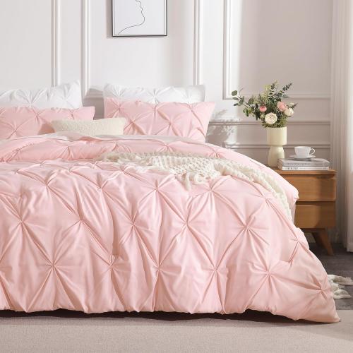 OEKO TEX light Pink Full Size Comforter  Soft Lightweight Cute Pinch Pleat Comforter for Kids Girls Teens, All Season Western Warm Down Alternative Bed Set for Dorm Bedroom