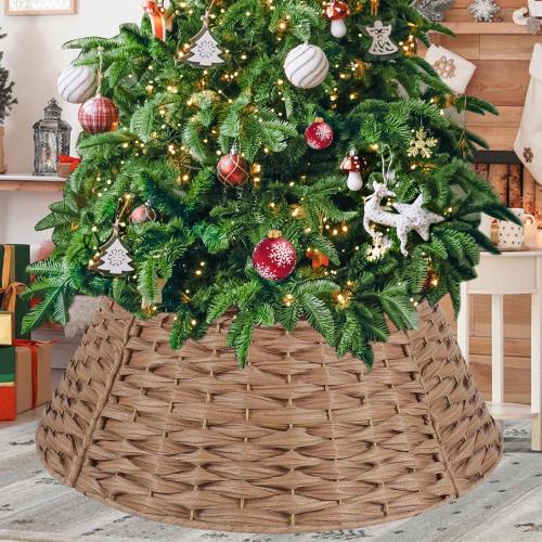 Rattan Christmas Tree Collar, 24in Tree Collar Round Handwoven Disassemble, Light Brown Christmas Tree Collars Wicker Rustic Metal Frame Decoration