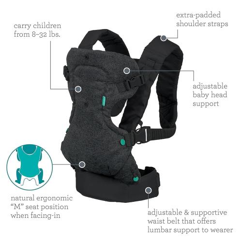 Infantino Flip 4-in-1 Convertible Baby Carrier, Adjustable, Ergonomic Babywearing, Registry Essential, Baby Carrier for Newborn to Toddler, Black
