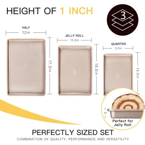 HONGBAKE Baking Sheet Pan Set of 3, Cookie Sheets for Oven, Nonstick Half/Quarter/Jelly Roll Pans with Diamond Texture Pattern, 0.8mm Thick Heavy Duty Cookie Tray, Champagne Gold