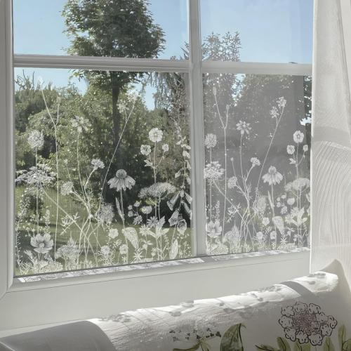 Botanical Etched Glass Transparent Window Film Decorative Glass Window Decor, Thickened Floral White Frost Decorative Window Film, Daisy and Wildflower 22.83X47.24
