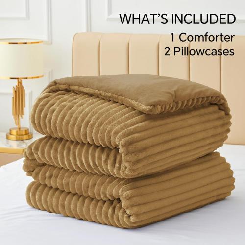 BEDELITE Fleece Queen Comforter Set -Super Soft & Warm Fluffy Brown Bedding, Luxury Fuzzy Heavy Bed Set for Winter with 2 Pillow Cases