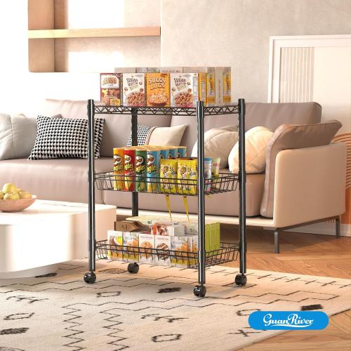 3 Tier Rolling Cart Service Cart Wire Basket Shelf Storage Trolley Shelf 2 Bottoms for Choose(Castor or Leveling Feet) for Office,Kitchen,Black(23.23 L x 13.11 W x 32.28 H)