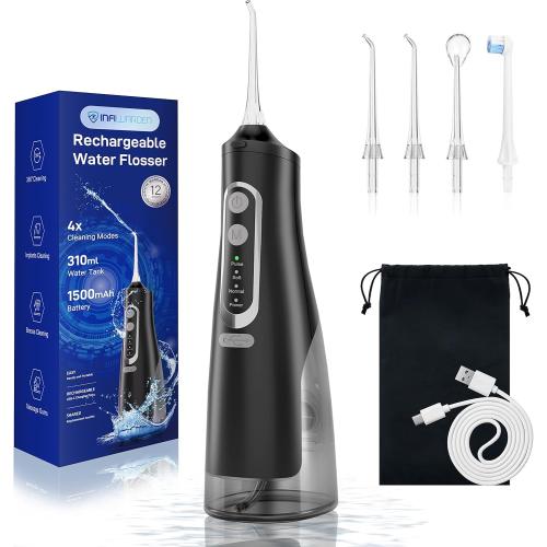 Cordless Water Flosser Teeth Cleaner Dental Oral Irrigator Picks Portable and Rechargeable 310ml Water Tank IPX7 Water Proof for Home and Travel Infiwarden (Black)