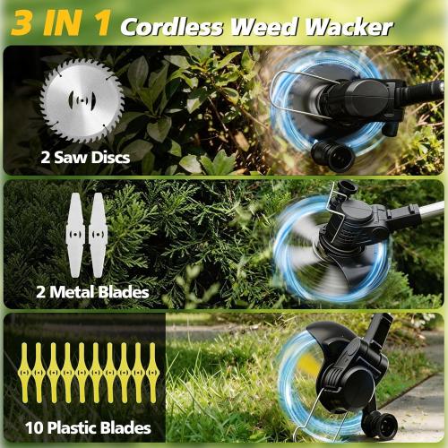 Electric Weed Wacker Cordless, 21V Weed Cordless Eater with 2Pcs 4.0Ah Batteries,3 in 1 Brush Cutter, Lightweight Grass Trimmer/Lawn Edger for Garden Yard (Black)