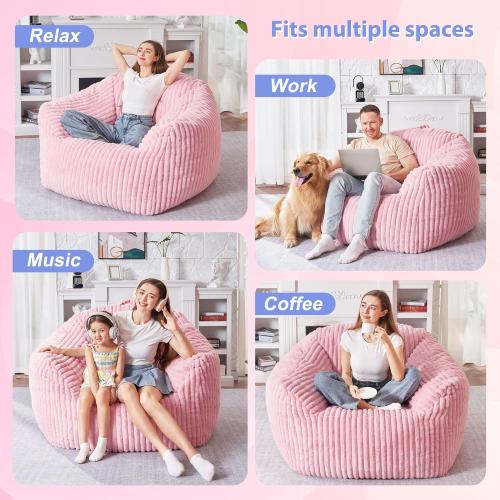 HABUTWAY Bean Bag Chair, Large Bean Bag Chairs for Adults, Memory Foam Floor Sofa with Handle, Faux Fur Beanbag Chair for Living, Reading, and Relaxing Room (Light Pink)