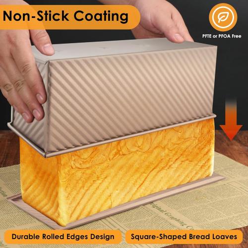 Bronze 2-pack 2.2lb Gold Pullman Loaf Pan with Lid, Premium Non-Stick Coating Bread Pan, PFTE and PFOA-Free, Safe and Healthy Baking for Homemade Bread with Family-sized Recipes