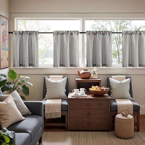 jinchan Linen Kitchen Curtains 24 Inch Length Striped Tier Curtains Ticking Stripe Small Drapes for Living Room Bathroom Cafe Small Window Farmhouse Rustic Pinstripe Rod Pocket 2 Panels Black