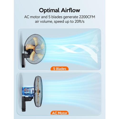 VAGKRI Wall Mount Fan, 16 Inch Wall Fans with 5 Blades, 5 Speeds, 8 Hour Timer, 90° Oscillating Quiet Fan with Remote for Home Office Bedroom Living Room Garage (Black)