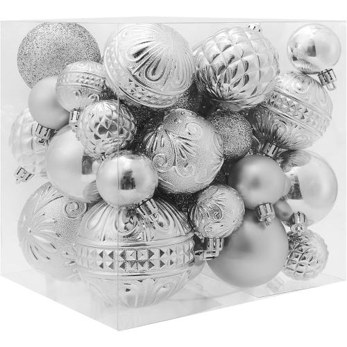 Christmas Ball Ornaments Silver Christmas Tree Decorations with Hang Rope-36pcs Shatterproof Christmas Ornaments Set with 6 Styles in 3 Sizes(Small Medium Large)