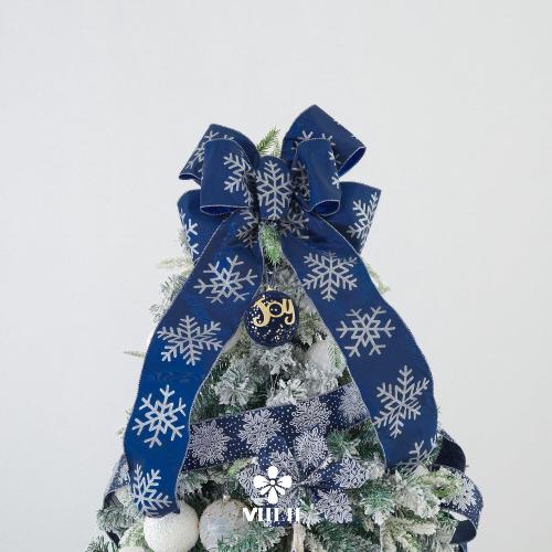 MEEDEE 4 Inch Navy Blue Snowflake Ribbon Navy Satin Wired Christmas Tree Ribbons with Silver Glitter Snowflake 10 Yards Blue and Silver Ribbon for Holiday Crafts, Garlands, Large Tree Topper Bow