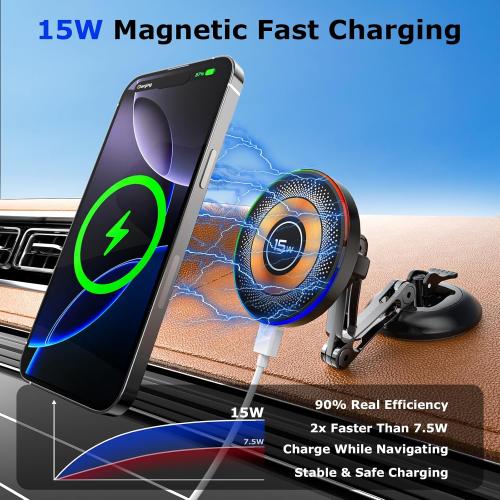 for 15W Magsafe Car Mount Charger, Magnetic Wireless Car Mount Charger with Vacuum 360°Adjustable Metal Head [120 LBS Strongest Suction], Cell Phone Holder for Your Car for iPhone 12–17 Series