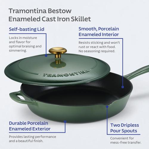 (White) Tramontina Bestow Enameled Cast Iron Skillet with Lid, 12-inch Frying Pan, Cactus with Gold Knob
