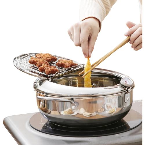 Deep Fryer Pot (°C), 11/4.4Qt (4.2 L) Extra Large Tempura Frying Pot with Lid, 304 Stainless Steel Fry Pot with Temperature Control and Oil Drip Drain Rack