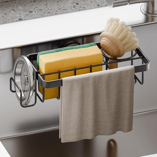 TAILI Sponge Holder with Strong Suction Cup, 4-in-1 Rustproof Sink Organizer - Sink Caddy Holds Sponges, Brushes, Stoppers & Scrapers - Black