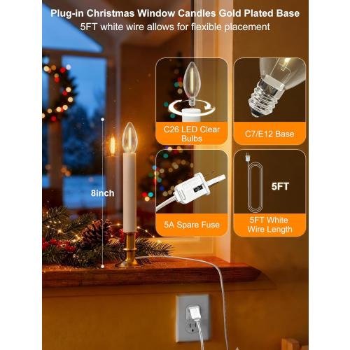 4 Pack Electric Window Candles with Sensor Dusk to Dawn,Christmas Window Candles Gold Plated Base,9 Inch Candle Lights with 0.6W LED E12 Bulbs for Indoor Christmas Decor