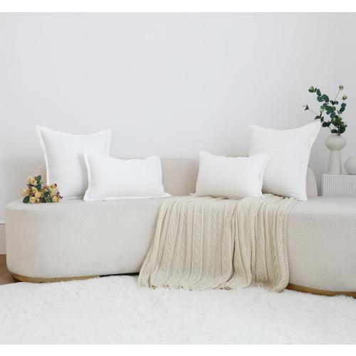 LIGICKY Set of 2 White Corduroy Throw Pillow Covers 18 x 18 inch Decorative Neutral Striped Textured Pattern Cushion Cover Soft Wide Edge Square Cushion Cases for Sofa Bedroom Couch Party Décor