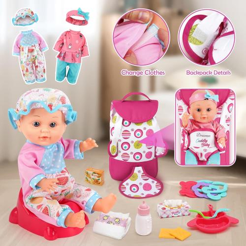 Baby Doll Stroller Set with 12.5 Doll, Baby Dining Table, Backpack with Carrier, 21 PCS Baby Doll Accessories Stroller Toys, 2 Sets Doll Clothes, Feeding Set Girls Toddlers Gifts for Pretend Play