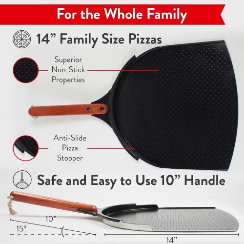 The Ultimate Aluminum Pizza Peel. 14 inch Paddle with a Smooth Ceramic Coating, 10 inch Wood Handle. Large & Lightweight, Use this Metal Spatula for Baking Pizzas and Breads on Oven & Grill