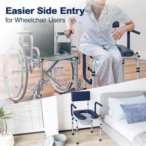 Drop Arm Bedside Commodes for Seniors, Potty Chair for Adults | Portable Commode Toilet with Padded Seat and Backrest, 400lbs Capacity, Height Adjustable, 6.3QT Bucket & Splash Guard, Blue