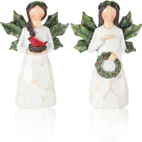 GoGnome Set of 2 Sparkling Christmas Angel Figurines with Glitter Wings and Festive Accents - 5.1'' Ornaments Perfect for Holiday Decor Christmas Decorations (Xmas Angels)