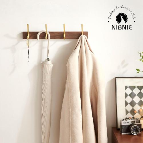 16 Inch Small Walnut Wood Coat Rack Wall Mount with 4 Hooks, Adhesive & Drilling Mounted, Heavy Duty Wooden Wall Coat Hanger Hanging Towel Clothes Hat Bag Purse Key Jacket Backpack Holder Gold