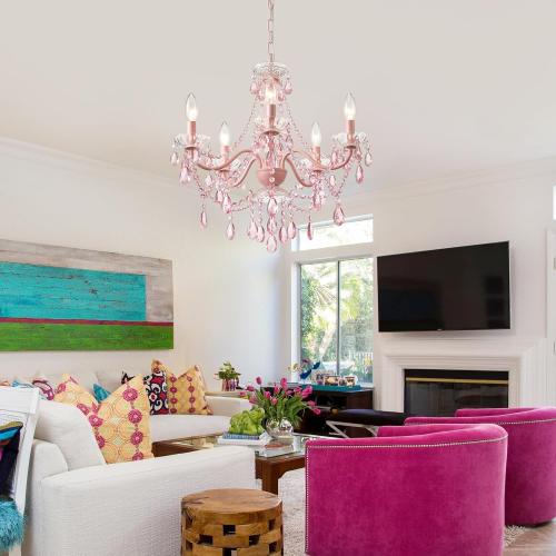 AMZASA Modern Crystal Pink Chandelier, Not Acrylic Crystal,Pink Crystals Hanging Pendant Light for Girls Room,Ceiling Medallions, Farmhouse Glass Chandelier for Wedding, Kitchen, Dining,Foyer,Island