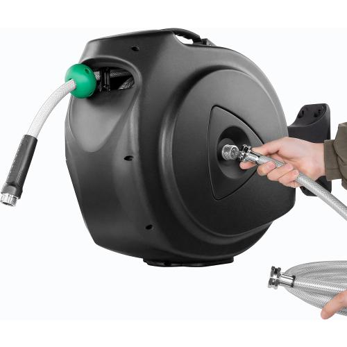Size 65 6ft 5/8 Retractable Garden Hose Reel, 65FT  6FT 5/8 Durable Wall Mounted Water Hose Reel with 180° Swivel Bracket, 9 Pattern Sprayer, 6Ft leader hose,Smooth Automatic Rewind, Any Length Lock.