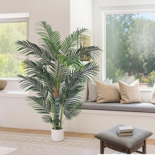 Artificial Palm Tree 6ft, Fake Tree with White Planter, Faux Tropical Areca Palm Silk Floor Plant with 18 Realistic Leaves for Home Office Indoor Outdoor Decor.