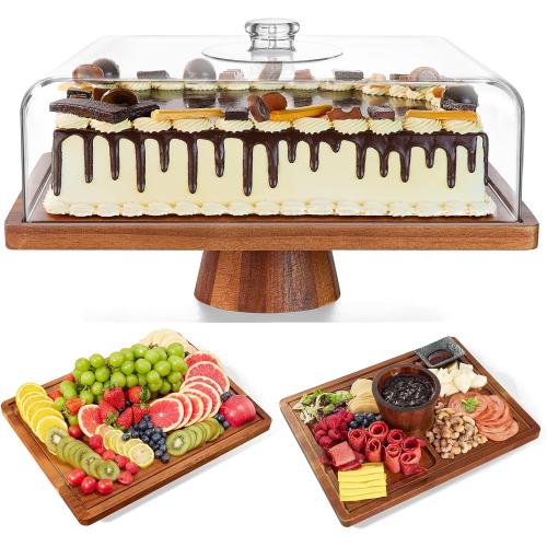 HouseJoy Acacia Wood Cake Stand with Lid-Extra Large 17 Rectangular Cake Holder,2-in-1 Dessert Table Display Set & Charcuterie Board,Acrylic Cake Dome Cover for Cheese/Veggie/Desert /Chips & Dip