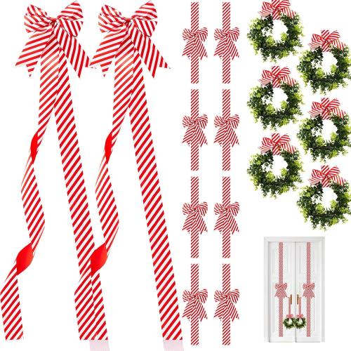 Yinkin 16 Pcs Christmas Door Cabinet Bows with Wreaths Set 10 Large Cabinet Bows 6 Mini Hanging Garlands Front Christmas Door Decorations Xmas Hanging Ornaments for Party Supplies (Red and White)