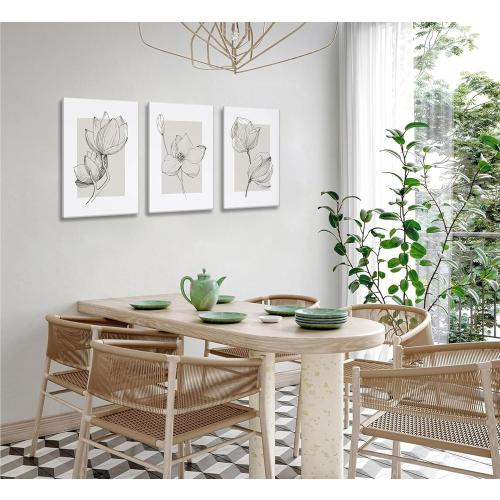 3Pcs Neutral Botanical Canvas Wall Art Beige Simple floral Painting Pictures Wall Decor Vintage Line flower Poster Print Artwork for Living Room Bedroom Bathroom Scene Home Decoration