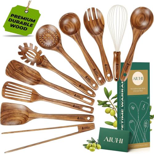 AIUHI 10Pcs Wooden Kitchen Utensils, Teak Wood Utensil Set for Kitchen, Heat-resistant Wooden Spoons for Cooking, Nonstick Wood Spatula Soup Ladle Tong Egg Whisk