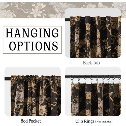 RYB HOME Brown Velvet Curtains Large, Printed Floral Bird Vintage Design Home Decoration Thermal Insulated Room Darkening Drapes for Bedroom Living Room, , 2 Panels