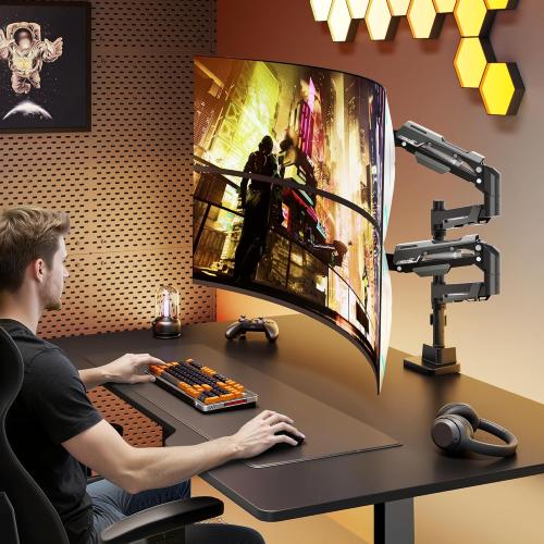 ARES WING Vertical Dual Monitor Mount - 24-57 Aluminum Heavy Duty Monitor Arms for 2 Monitors, Fully Adjustable Gas Spring Stacked Monitor Stand with 75/100/200 Vesa Mount, Black