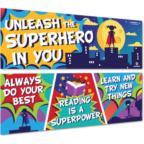 Sproutbrite 2 Large Motivational Posters Superhero Classroom Decorations - 13.5x39 Posters and Banners for Teachers - Bulletin Board and Wall Decor for Pre School, Elementary and Middle School - Inspires Students through Superhero Themes