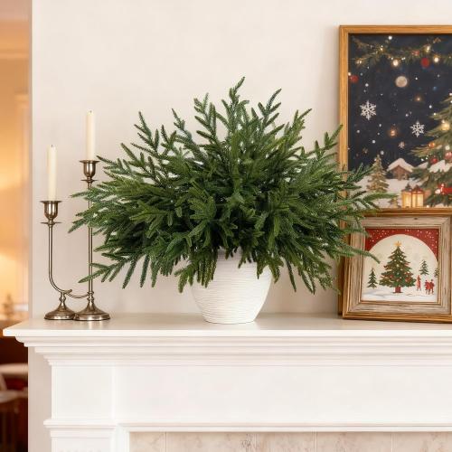 14 Pcs Norfolk Pine Stems, 18 Inch Real Touch Artificial Christmas Norfolk Pine Branch, Faux Greenery Picks for Vase DIY Garland Home Holiday Decor