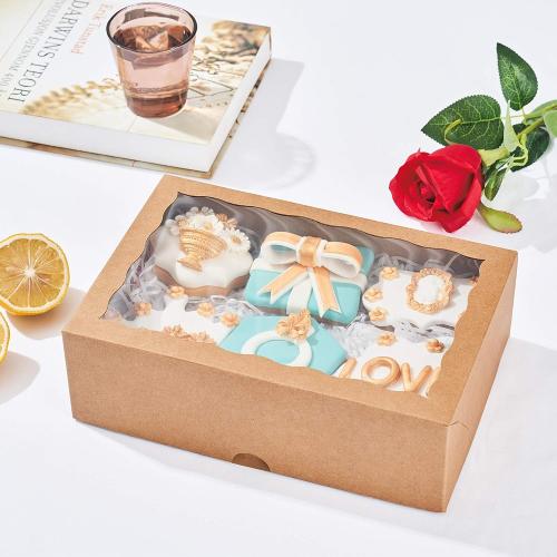 50PCS 10 x 7 x 2.5 inches One Piece Brown Bakery Boxes, Cookie Boxes, Natural Kraft Brown Strawberry Boxes with Display Window