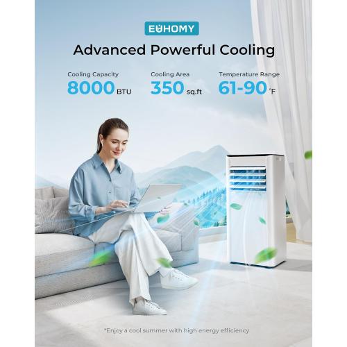8,500 BTU Portable Air Conditioners, 4-in-1 Portable AC Unit Up to 350 Sq.Ft, 4 Modes Quiet Air Conditioner with Remote Control, Cool, Fan, Dehumidifier, 24H Timer, Bedroom, Office, Apartments