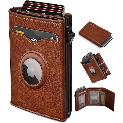 Airtag Wallet for Men,with Cash Pocket 2 ID Window 9-12 Cards,Metal Case Smart Slim Pop Up Credit Card Holder Flip with Magnetic Closure RFID Blocking Trifold wallet with Gift Box