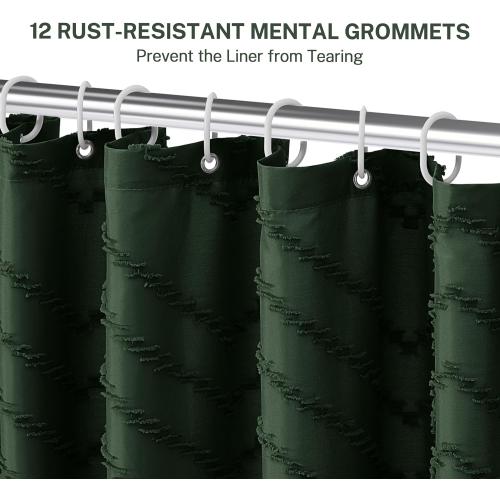Extra Long Dark Green Boho Shower Curtain with Tassel, Woven Fabric 96 in Shower Curtain, Tufted Chevron Striped, 72 x 96, Modern Chic Textured Minimalist Bathroom Shower