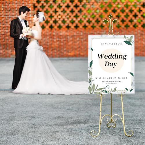 20L x 26.75W x 56.5H Large Easel Stand for Display, Adjustable Heigh Metal Gold Easel Stand with Chain Support, Heavy Duty Easel for Mirror, Sign, Wedding, Picture Frame. (No Installation Required)