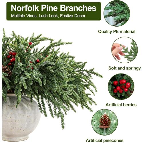 24 Pcs 18 Inch Real Touch Norfolk Pine Branches Christmas Greenery Stems with Pinecones & Red Berries for Christmas Decorations