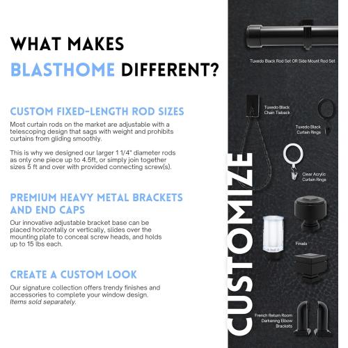 BlastHome® Non-Adjustable Luxury Curtain Rods for Windows, 1 ¼” Rod Set, 7 foot Fixed Length (Two Rods Connect for a Seamless Look), Tuxedo Black