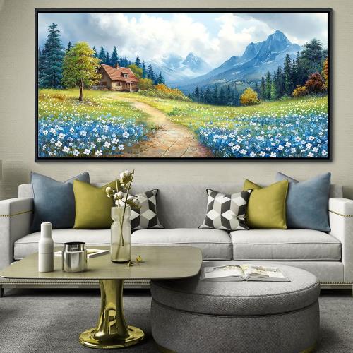 CHATYOUNG Large Mountains Wall Art, Rustic Blue Forest Wild Flowers Wall Picture Path Cottage Landscape Framed Wall Paintings for Living Room Bedroom kitchen Home Decor Gifts for Women 29X58