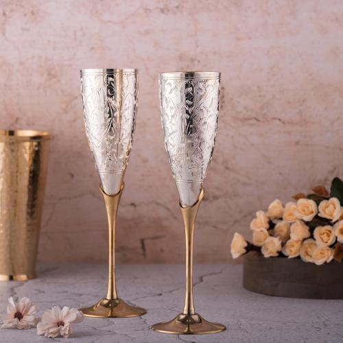 Pure Brass Silver Coated Champagne Glass Set of 2 - Encarved Goblet Champagne Flutes Glasses Comes with Valvet Blue Gift Box - Ideal for Wine Baverage Juice & More 100ml
