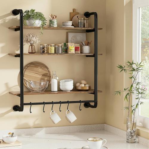 3 Tier Industrial Pipe Floating Shelf, 24 Kitchen Wall Shelves with Towel Bar & 6 Hooks, Coffee Bar Shelves Display Bookshelf Wall Shelf for Kitchen, Bathroom, Home Décor, Rustic Brown